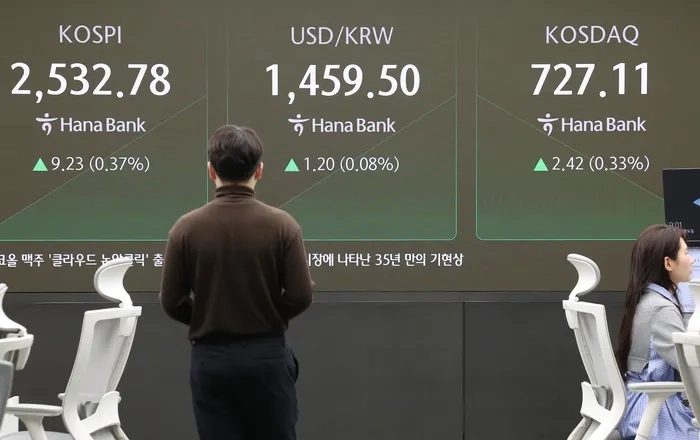 20일 오전 서울 중구 하나은행 본점 딜링룸 현황판에 코스피, 코스닥지수가 표시돼 있다. / 연합뉴스
