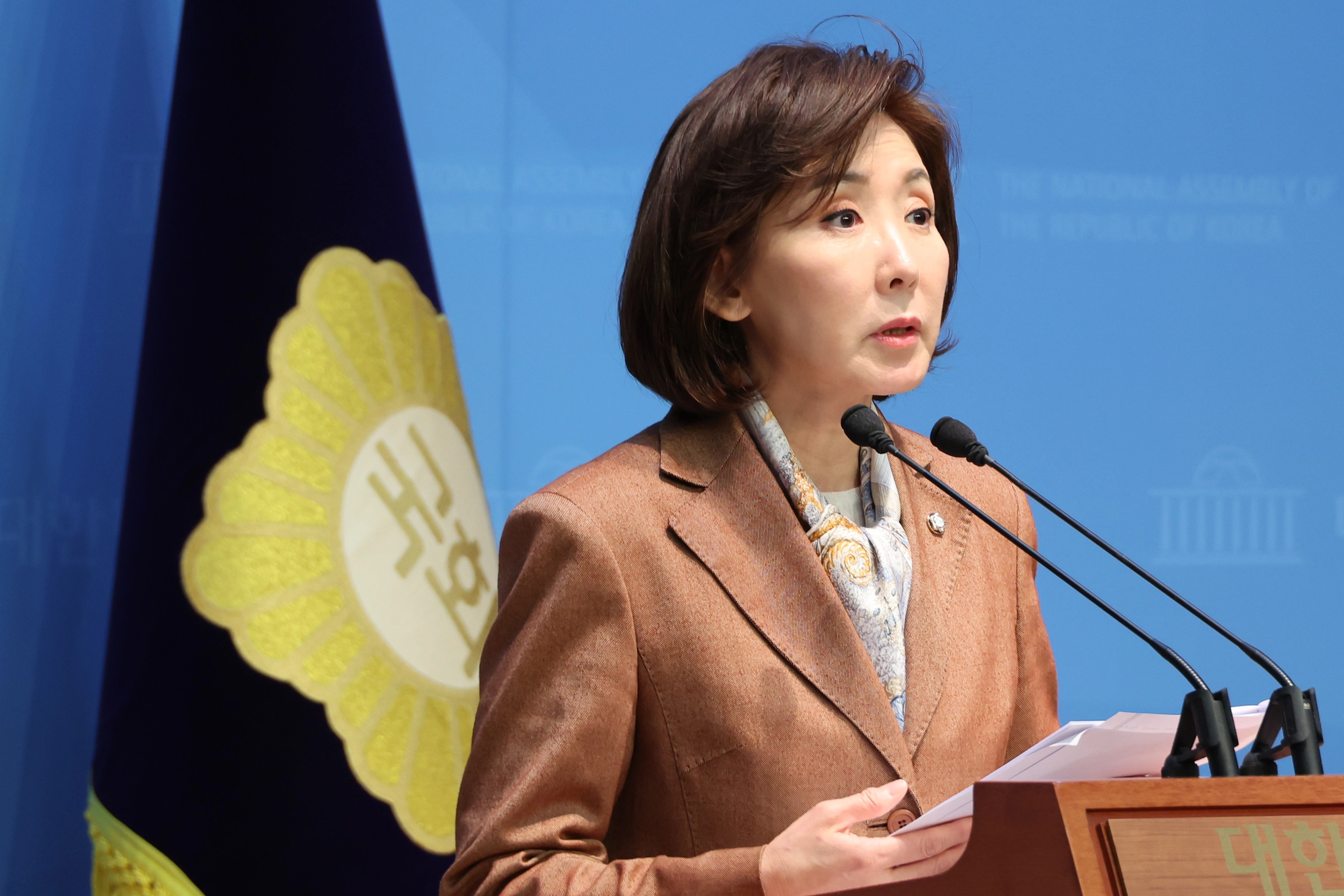 국민의힘 나경원 의원이 19일 서울 여의도 국회 소통관에서 더불어민주당에 헌법재판소 인용 판결 압박을 중단할 것을 촉구하는 기자회견을 하고 있다. / 연합뉴스