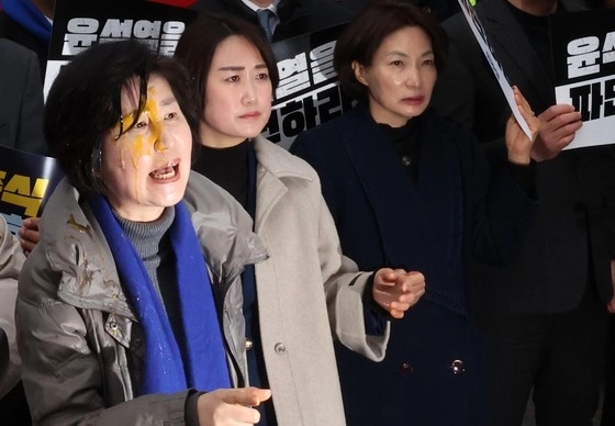 더불어민주당 백혜련 의원이 20일 서울 종로구 헌법재판소 앞에서 열린 윤석열 대통령 신속 파면 촉구 기자회견에서 한 보수단체 회원이 던진 계란으로 얼굴을 맞은 뒤 항의하는 모습. / 연합뉴스