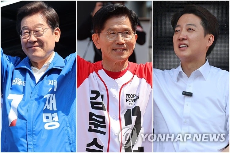 25일 당진에서 유세 나선 이재명 후보(왼쪽부터), 보령에서 집중유세하는 김문수 후보, 종묘 인근 서순라길에서 거리유세하는 이준석 후보 / 연합뉴스