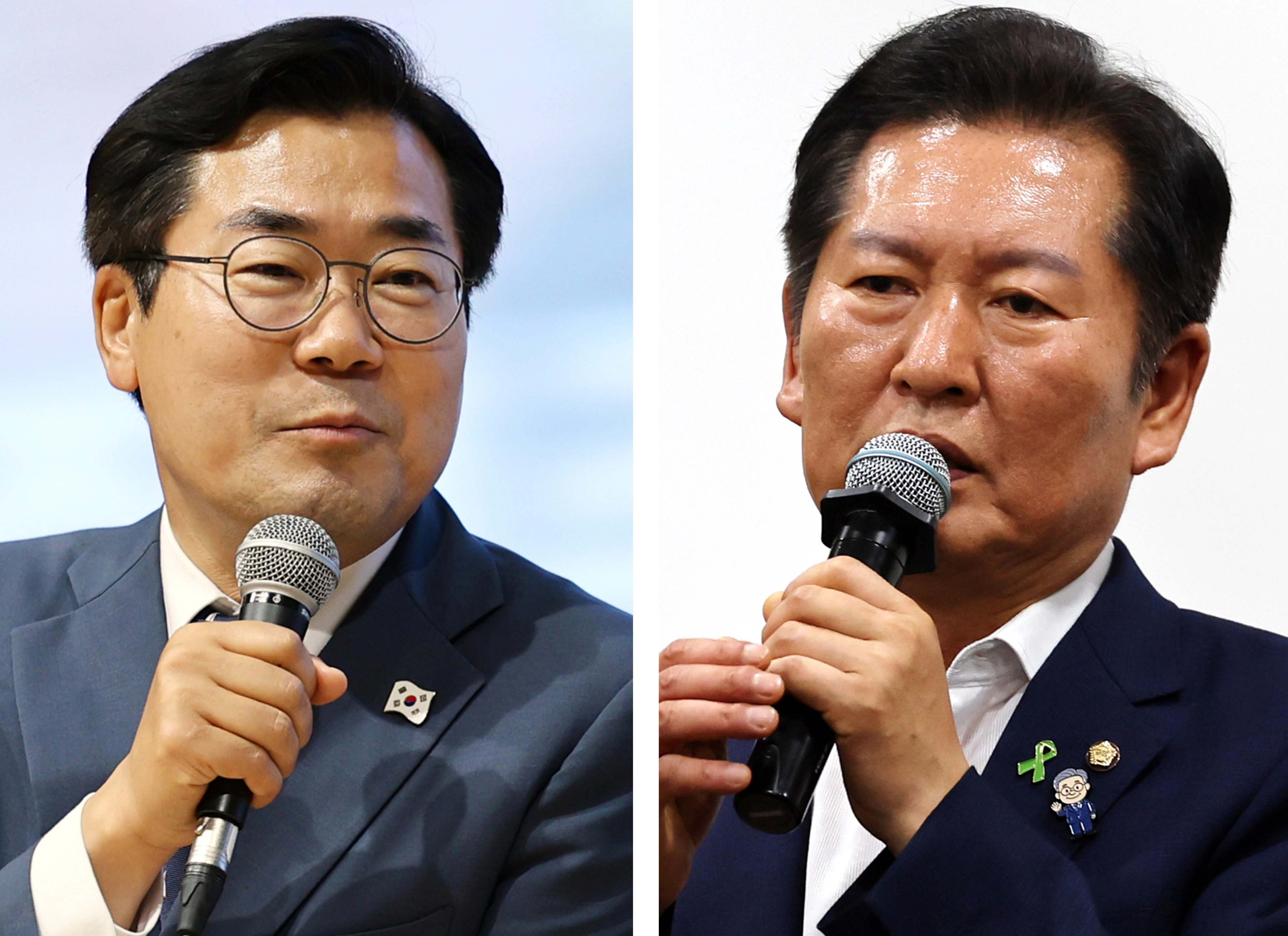 5일 전주대학교에서 열린 토크콘서트에 참석한 박찬대 의원(왼쪽)과 6일 광주 김대중컨벤션 센터에서 열린 '국민이 지키는 나라' 북콘서트에 참석한 정청래 의원. / 연합뉴스