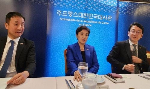 강금실 전 법무부 장관을 단장으로 하는 대통령 프랑스 특사단이 17일(현지시간) 파리에서 현지 특파원들과 만나 프랑스 관계자들 면담 내용을 설명하고 있다.