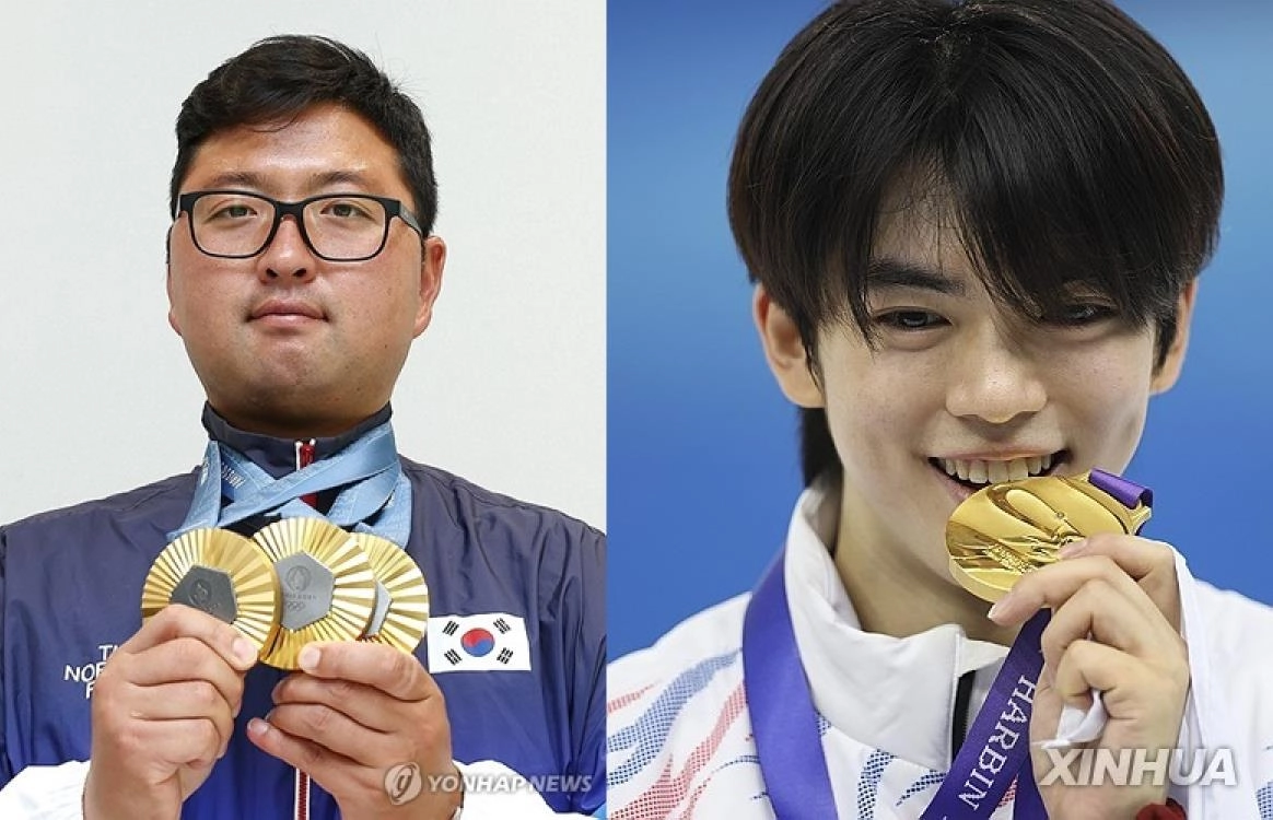 파리 올림픽 양궁 3관왕 김우진(왼쪽)과 하얼빈 동계아시안게임 피겨 金 차준환 [연합뉴스 