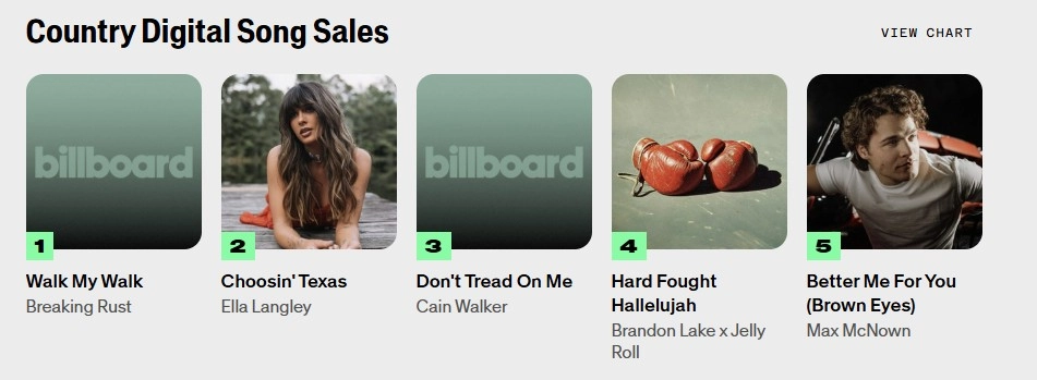 빌보드 '컨트리 디지털 송 세일즈' 차트 [빌보드 홈페이지 캡처.