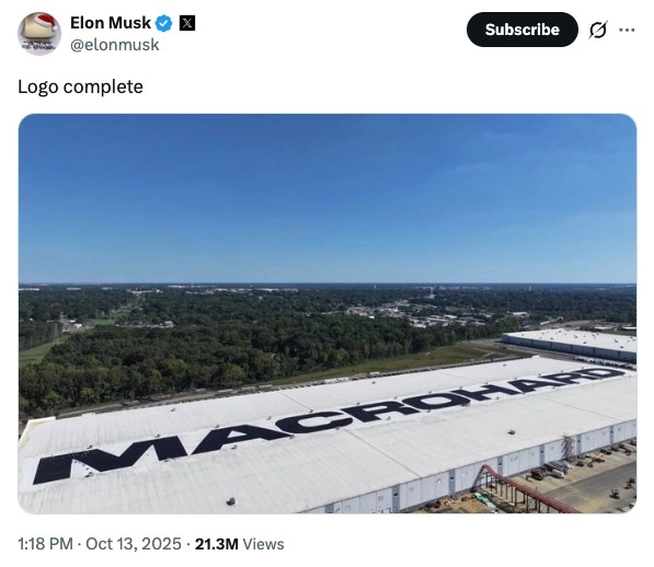 일론 머스크 테슬라 최고경영자(CEO)가 지난 10월 사회관계망서비스(SNS) 엑스(X)에 미 테네시주 멤피스에 있는 '콜로서스2' 데이터센터의 지붕에 '매크로하드'라는 로고를 새겼다고 밝히고 있다. [일론 머스크 X 캡처. 
