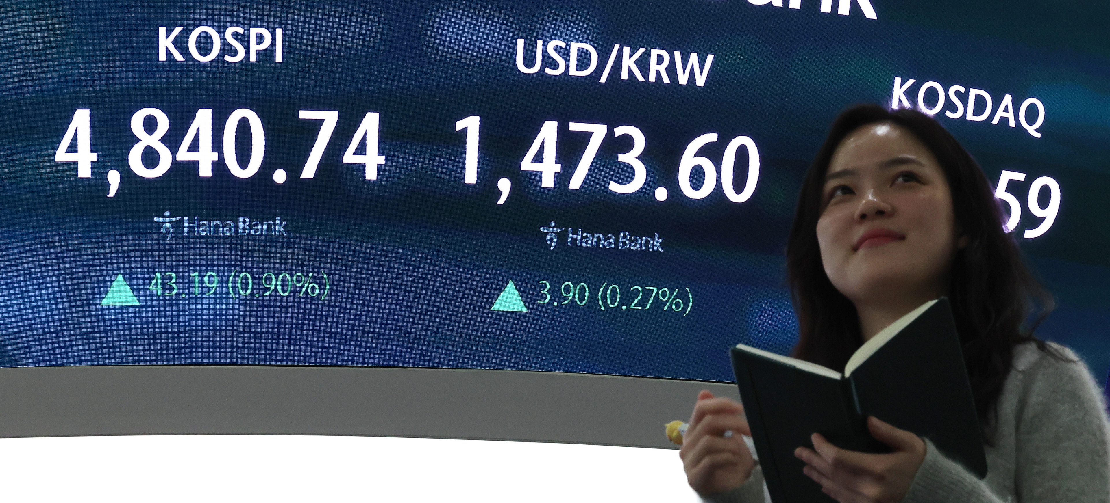 스피가 사상 처음으로 4,800대에서 장을 마친 16일 서울 중구 하나은행 딜링룸 현황판에 코스피지수 등이 표시돼 있다. 코스피는 지수는 전장 대비 23.11포인트(0.48%) 오른 4,820.66으로 출발해 한때 4,855.61까지 오르며 장중과 종가 모두 사상 최고치를 경신했다. 코스닥은 3.43포인트(0.36%) 오른 954.59에 장을 끝냈다. 원/달러 환율은 전날보다 3.9원 오른 1,473.6원으로 집계됐다. 2026.1.16 