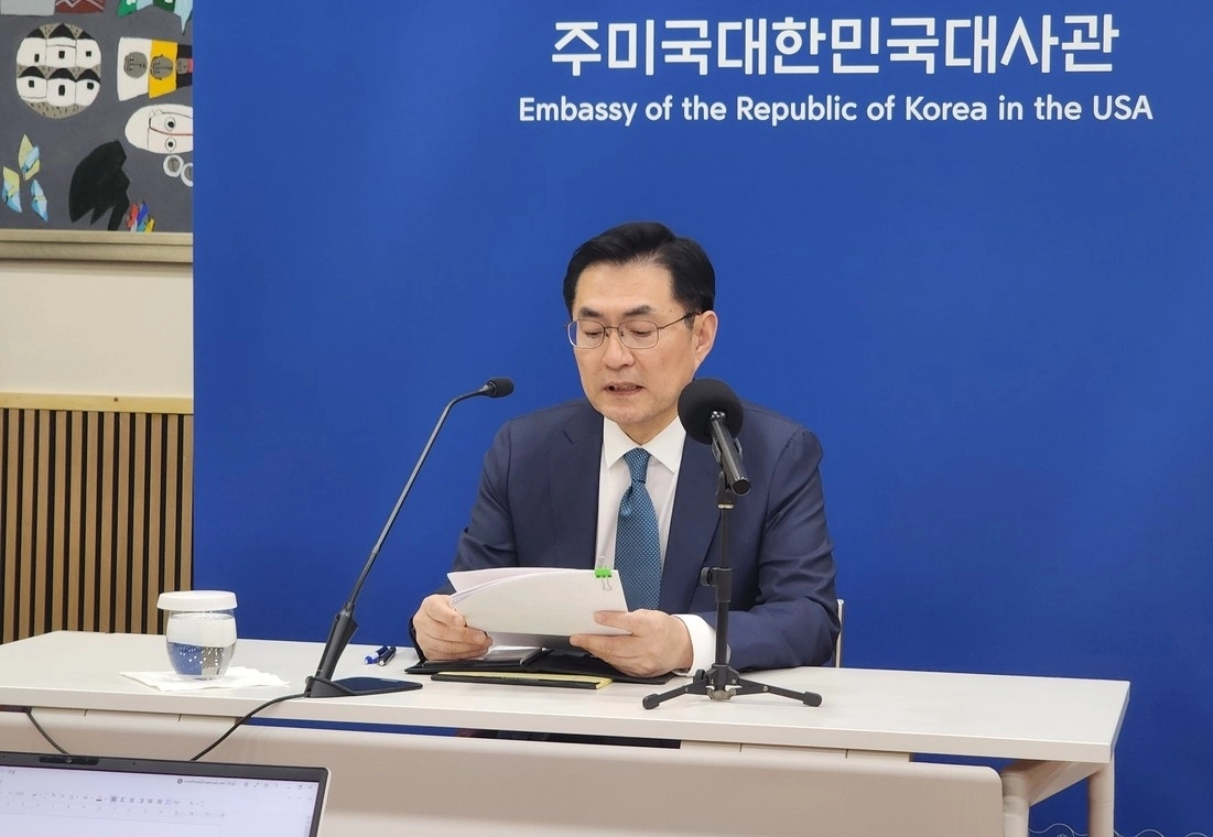  정부 북핵 수석대표인 정연두 외교부 외교전략정본부장이 26일(현지시간) 워싱턴DC의 주미대사관에서 한국 특파원단과 간담회를 하고 있다. 2026.2.26.