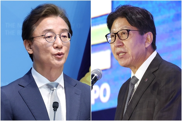 더불어민주당 부산시장 후보인 전재수 의원(왼쪽)과 국민의힘 부산시장 후보인 박형준 현 부산시장