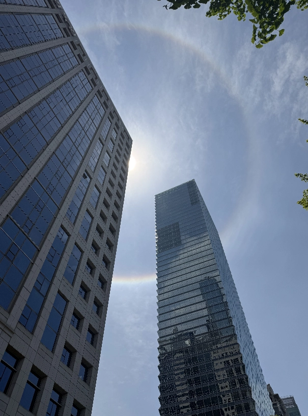 여의도 빌딩 숲 위로 해무리가 떠오른 점심시간, 바쁜 도시의 하루가 잠시 멈춰 섰다.