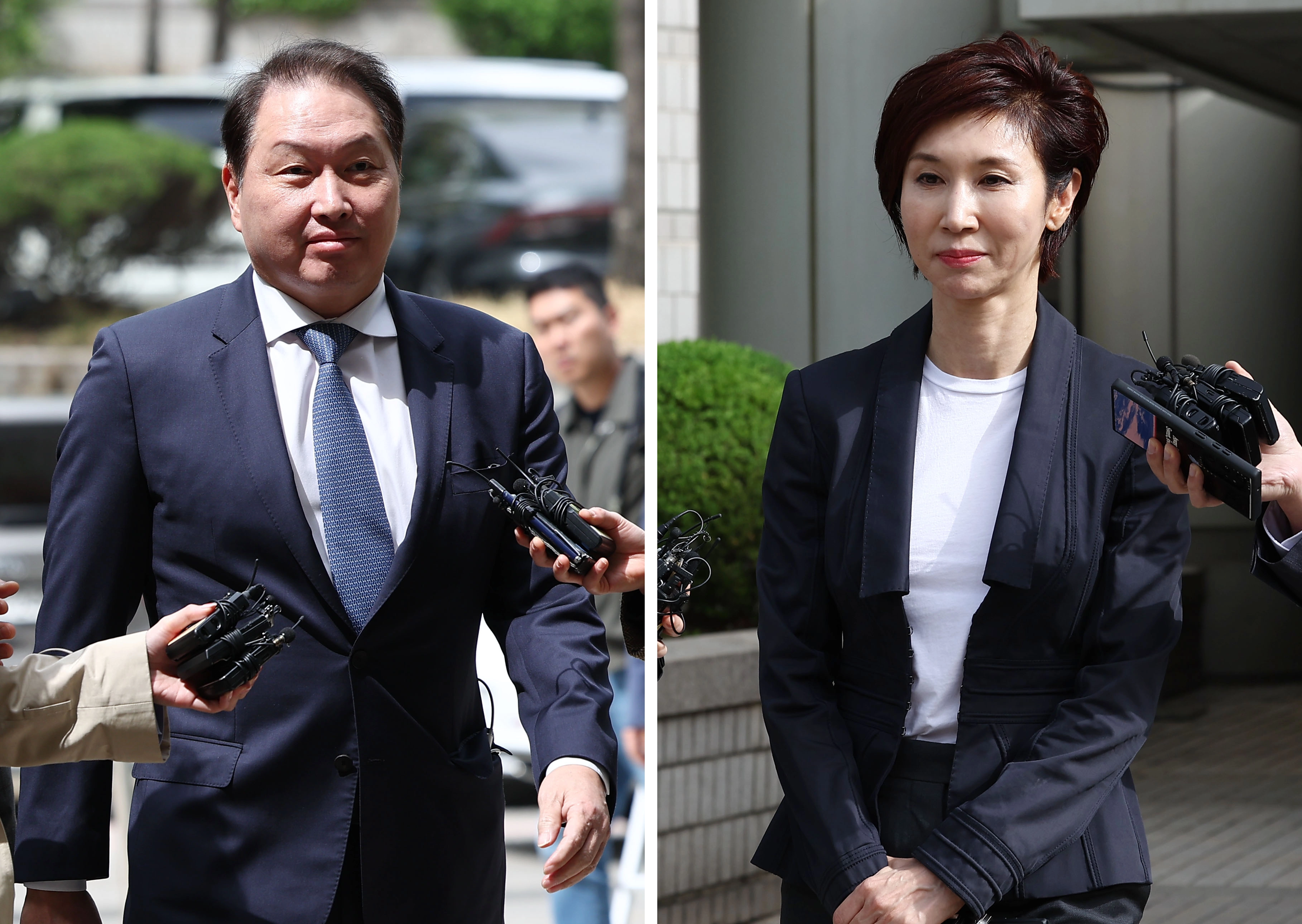 최태원 SK 회장과 노소영 아트센터 나비 관장이 4월 16일 오후 서울 서초구 서울고등법원에서 열린 이혼 소송 항소심 공판에 출석한 모습. 2024.12.17