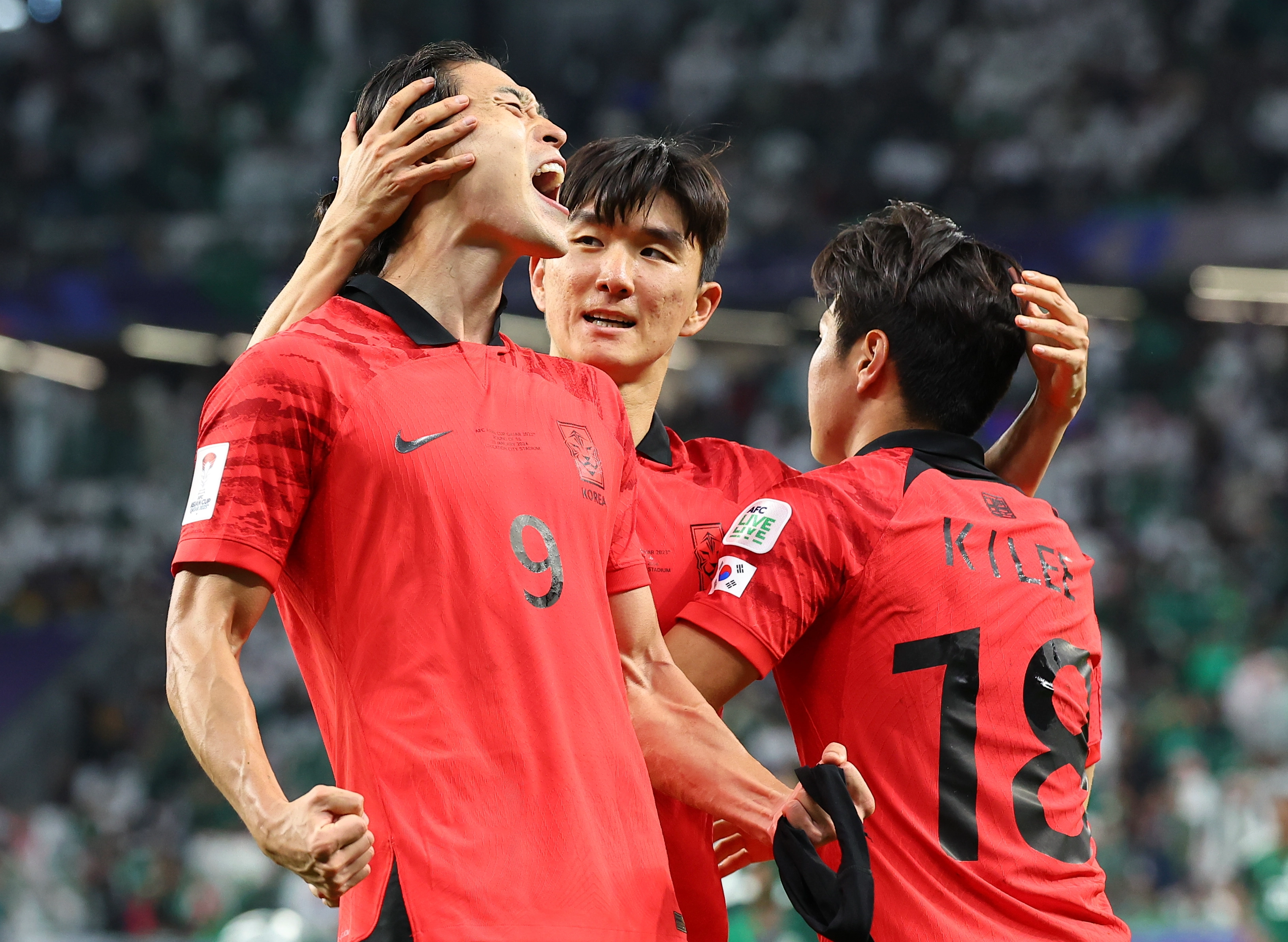 조규성이 2024년 1월 카타르 아시안컵 사우디전에서 득점하고서 기뻐하는 장면