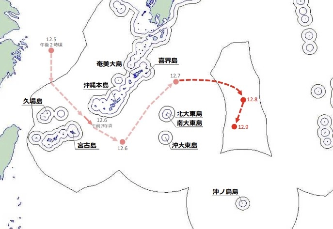 중국 항공모함 랴오닝함 항해 경로 [방위성 보도자료 캡처.
